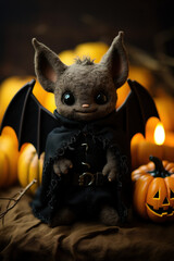 Halloween postcard with cute smiling needle felted bat