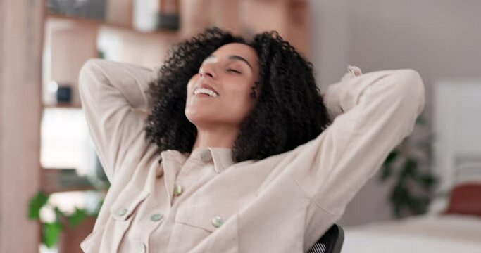Happy woman, freelancer and typing on laptop in relax, done or finished with workload at home office. Calm female person working remote and taking a break with hands behind back in task completion