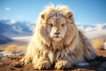 A Majestic White Lion Resting Gracefully on a Dusty Field