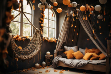 Interior of rural cozy room decorated to Halloween celebration with flags, pumpkins and candles