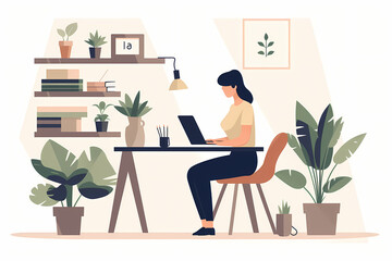 Fototapeta premium Woman Working Behind Laptop in Simplified Home Office, AI Generative