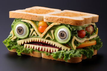 Fantastic tasty fresh sandwich with vegetables and meat slices placed on board against gray background