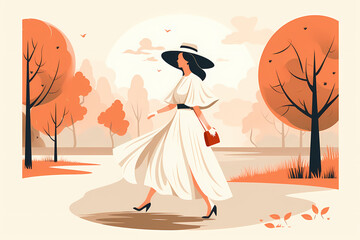 Woman Walking Gracefully in Dress through the Park, AI Generative