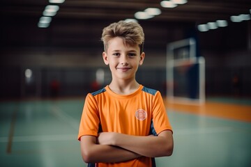 portrait of happy boy with arms crossed looking at camera in sports hall
