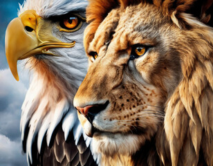 Lion and eagle in nature.