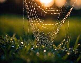 Spider web in dew drops.