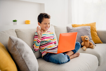 Photo of fun primary school kid sitting couch have online web lesson greetings classmates with...
