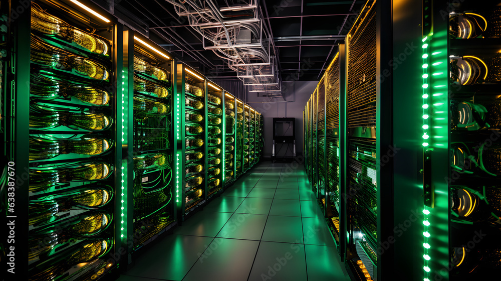 Poster graphic example of bitcoin storage on a server in a room with racks of equipment