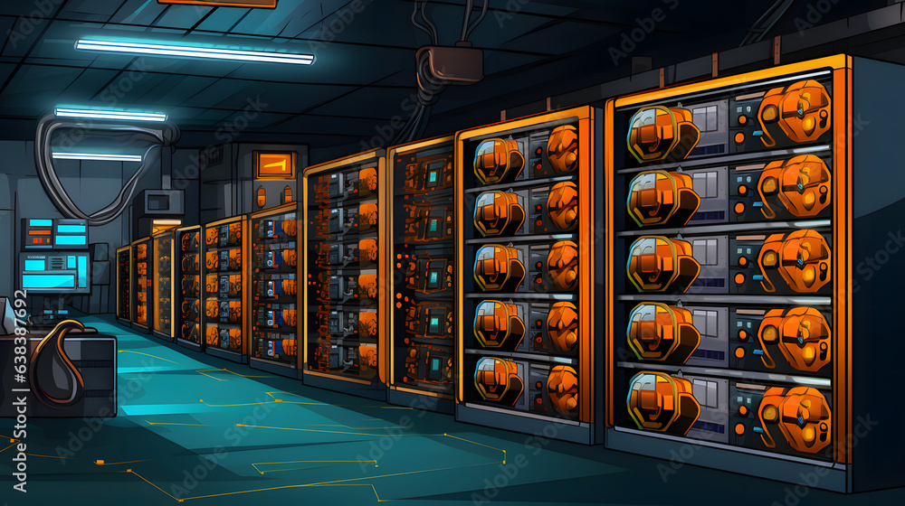 Poster graphic example of bitcoin storage on a server in a room with racks of equipment