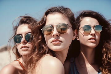 Sunny Escapade: Three Smiling Friends Embrace Summer Vibes on a Joyful Beach Adventure, ai generative
