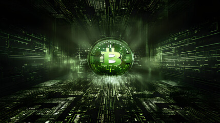Green matrix enigma Explore the enigmatic world of cryptocurrency and finance with a vivid green Bitcoin symbol at the forefront - obrazy, fototapety, plakaty