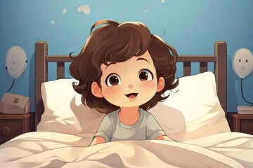 cute baby girl sit in bed illustration