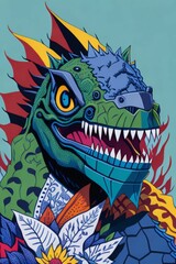 A detailed illustration of a Godzilla for a t-shirt design, wallpaper, and fashion