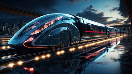 Futuristic bullet train or hyperloop ultrasonic train cabsul with full self driving system activated for fast transportation and autonomy concepts as wide banner with copy space area