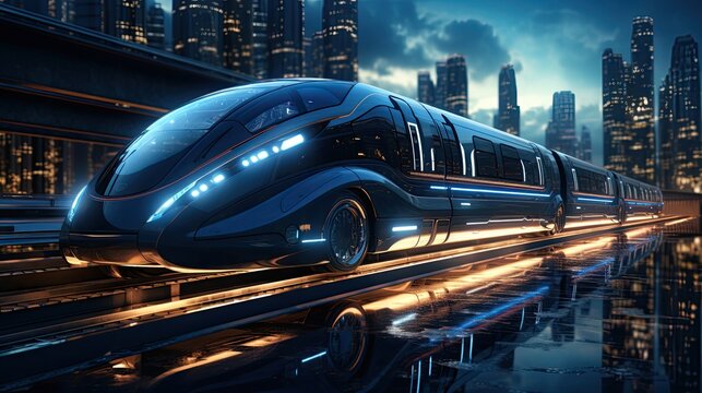 Futuristic bullet train or hyperloop ultrasonic train cabsul with full self driving system activated for fast transportation and autonomy concepts as wide banner with copy space area