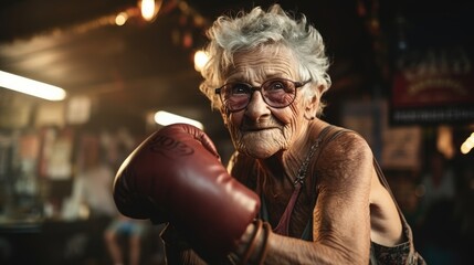 Obraz premium Portrait of old woman with boxing gloves