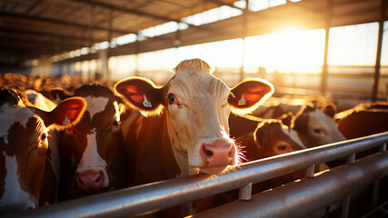 Cattle in Holding Pen: Beef Industry Depiction - obrazy, fototapety, plakaty