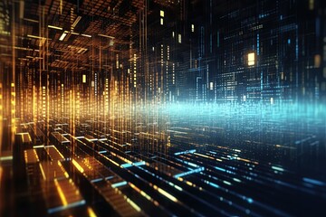 Futuristic programming environment. Lines of code float, tech elements merge seamlessly. Symbolizes software development. Concept of advanced technology and digital innovation.