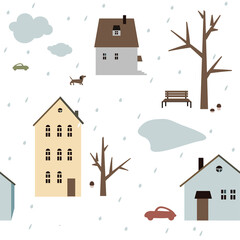 Vector seamless pattern with houses, dog and car - 638389450