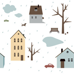 Vector seamless pattern with houses, dog and car - 638389453
