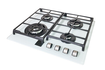 Modern hob gas stove made of tempered white glass using natural gas or propane for cooking products, isolated on white background.