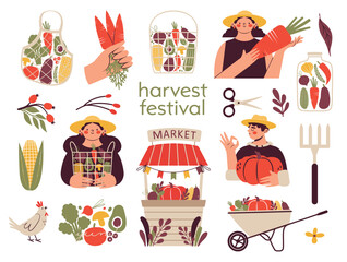 Farmers market, organic farm, harvest festival set of vector illustration. Wheelbarrow, stall, basket with seasonal vegetables. People sell products from the local farmers market. Eat local food.
