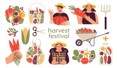 Harvest Festival. Set of vector clip arts with farm workers, basket full of fresh vegetables, wheelbarrow, hand holding carrots, fork, eco bag. Agricultural worker selling organic natural products. 