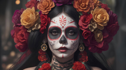 Woman Wearing Catrina Makeup Against Day of the Dead Celebration Backdrop