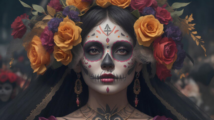 Woman Wearing Catrina Makeup Against Day of the Dead Celebration Backdrop