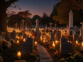 Capture the solemnity of All Saints' Day with a photograph of a candlelit vigil in a cemetery.
