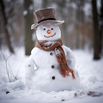Snow Man. A real snowman, cobbled together in the forest with all the natural accessories. Realistic snowman in a winter park.
