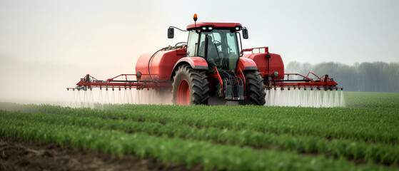 Fototapeta premium Tractor spraying pesticides fertilizer on soybean crops farm field