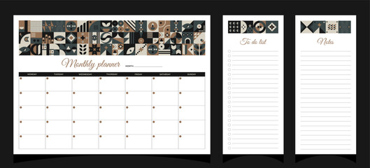 Planners set geometry. Monthly, to do list and notes planners. Planners printable template with geometric shapes. Blank white notebook page A4. Vector illustration.