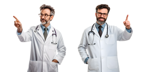Doctor senior man, medical professional holding something in empty hand isolated over white background png format on transparent background Fictional Person, Generative AI