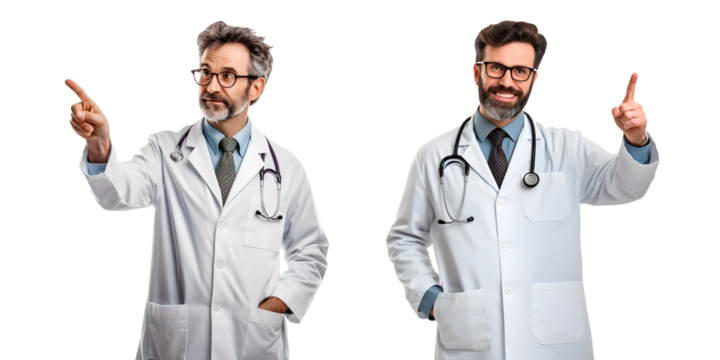 Doctor senior man, medical professional holding something in empty hand isolated over white background png format on transparent background Fictional Person, Generative AI - Powered by Adobe
