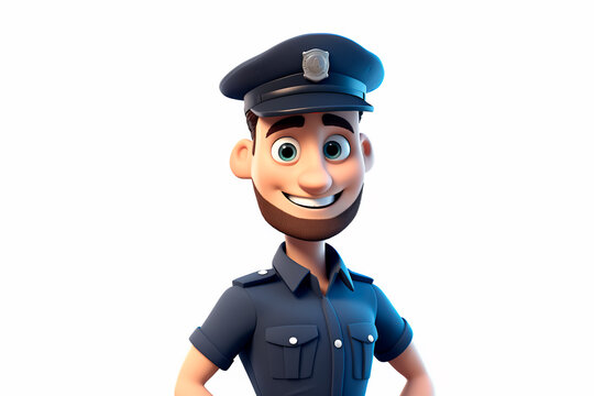 Handsome cartoon policeman man on white isolated background. Pictures for children. AI Generated