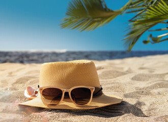 Tropical beach: palm tree, sand, sea, sky, vacation, relaxation, fashion accessory, sunglasses, hat