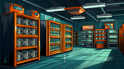 Illustration of bitcoin storage on a server within a room containing technical equipment - obrazy, fototapety, plakaty