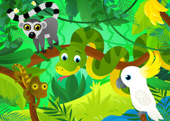 Fototapeta na wymiar cartoon scene with jungle and animals being together with parrot illustration for children