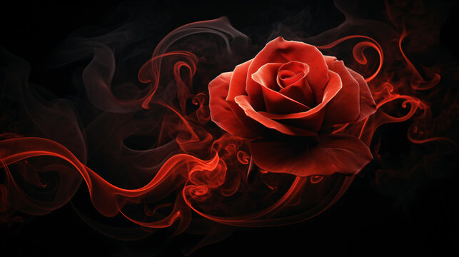 Red rose and swirl smoke around black background