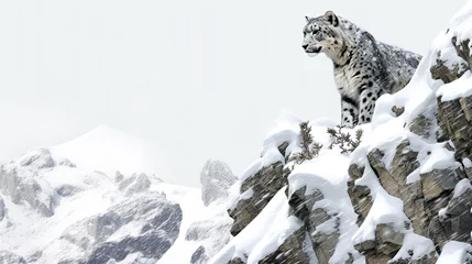 Tuinposter Elusive snow leopard photo realistic illustration - Generative AI. © Mariia