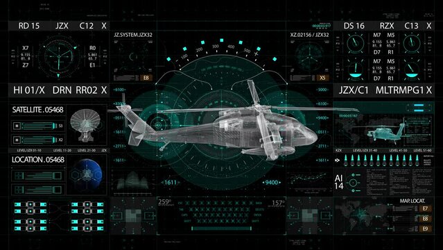 Military helicopter HUD interface screen. High quality 4k footage