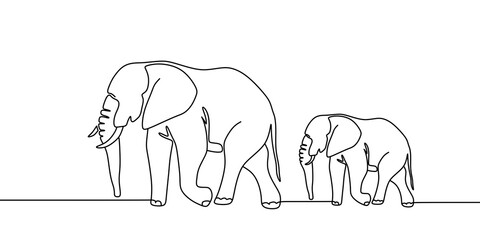 Elephant with baby symbol. one line drawing