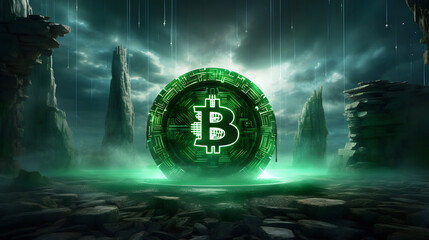 green Bitcoin symbol transcends the matrix confines