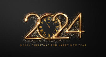 2024 clock and fireworks create luxurious, dark backdrop to welcome Happy New Year. Striking christmas design for a beautiful holiday banner.