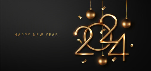 2024 New Year elegant card design featuring gold and black with golden balloons, confetti, and ribbons. Ideal for holiday greetings, invitations, and Christmas celebrations. - obrazy, fototapety, plakaty