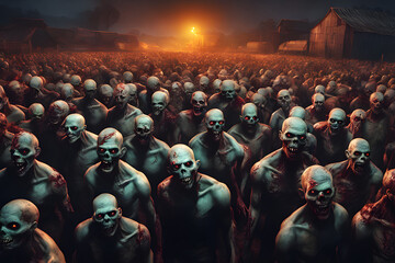 Zombies horde in the suburbs.  Zombie apocalypse scene. Generative Ai