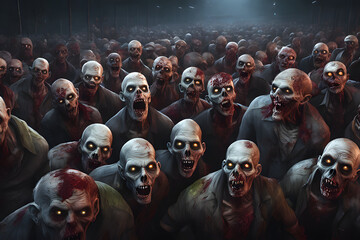 Zombies horde in the suburbs.  Zombie apocalypse scene. Generative Ai