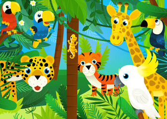 cartoon scene with jungle and animals being together with parrot illustration for children