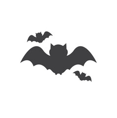 Black bat isolated on white vector background, Halloween icon. Illustration of nocturnal creatures. Flying bat silhouette traditional Halloween symbol.